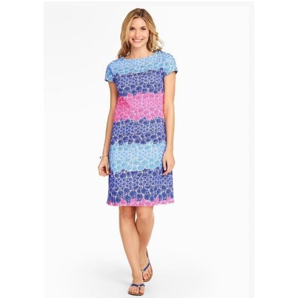 Talbots Women's L Shift Dress Sea Shell Print Pink Blue Knee Length Short Sleeve - Picture 3 of 10